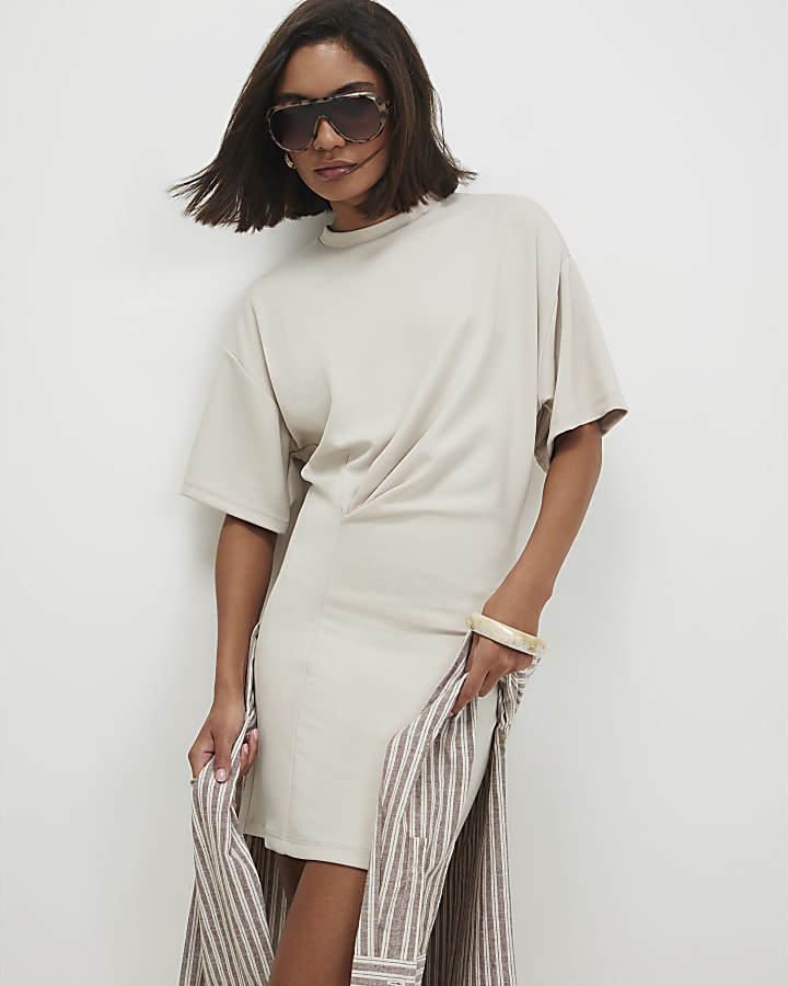Cream Premium Tuck Side Mini Dress