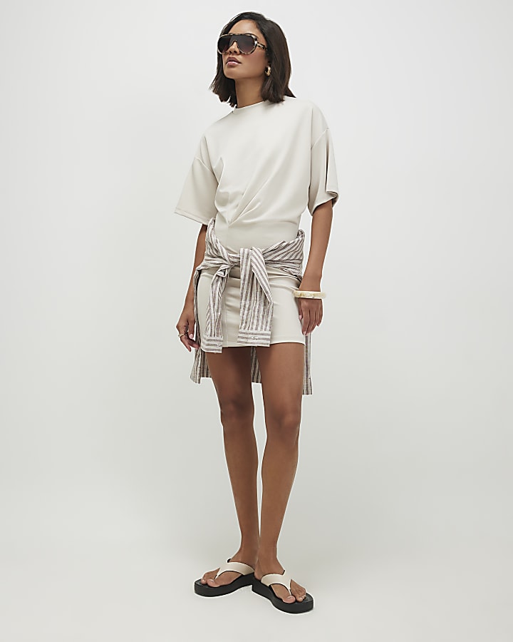 Cream Premium Tuck Side Mini Dress