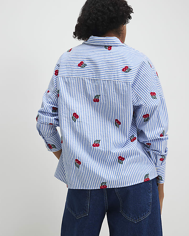 Blue Cotton Stripe Cherry Knot Front Shirt