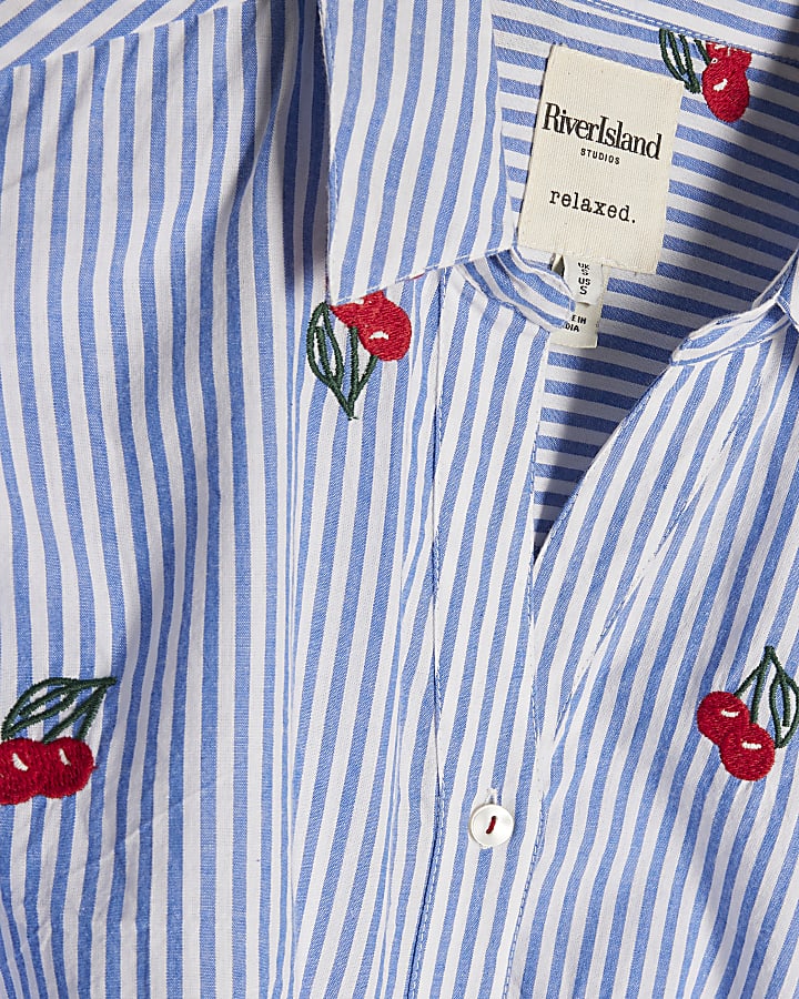 Blue Cotton Stripe Cherry Knot Front Shirt