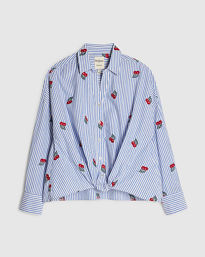 Blue Cotton Stripe Cherry Knot Front Shirt