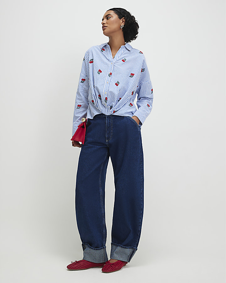Blue Cotton Stripe Cherry Knot Front Shirt