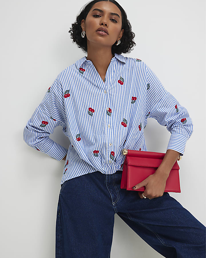 Blue Cotton Stripe Cherry Knot Front Shirt