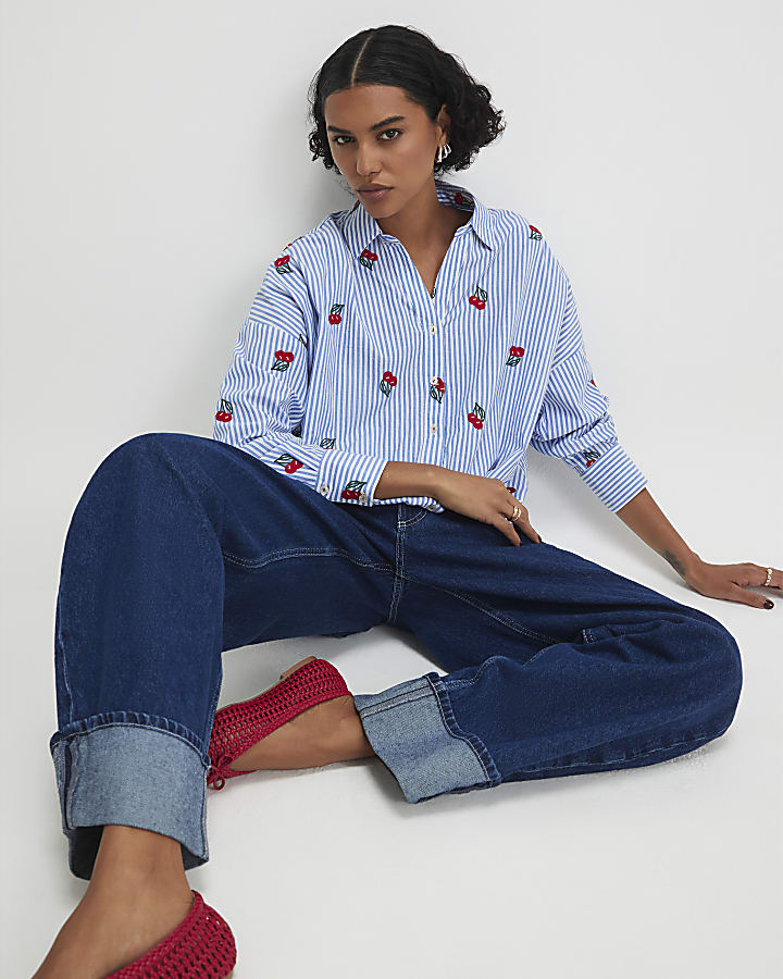 Blue Cotton Stripe Cherry Knot Front Shirt