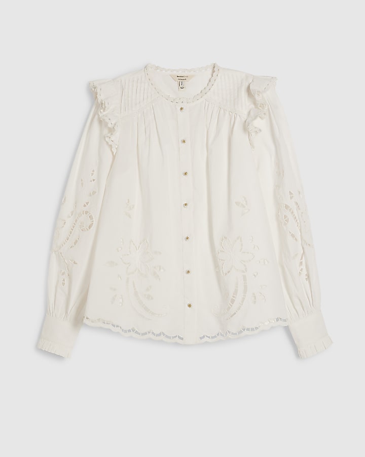 White Cotton Cutwork Frilly Blouse