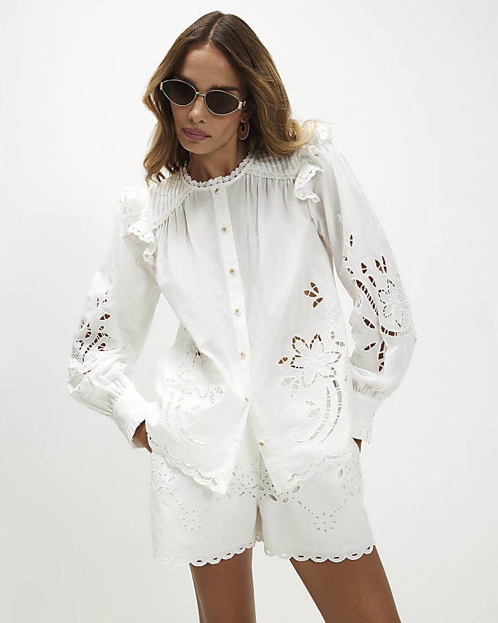 White Cotton Cutwork Frilly Blouse