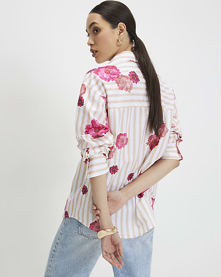 Beige Cotton Floral Striped Long Sleeve Shirt
