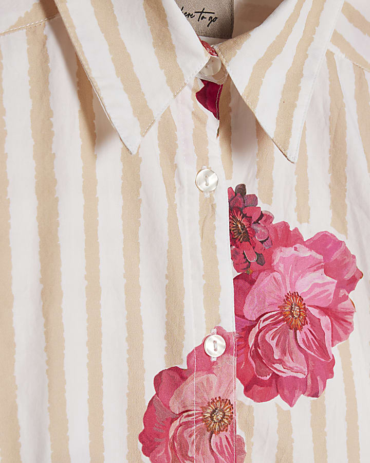 Beige Cotton Floral Striped Long Sleeve Shirt