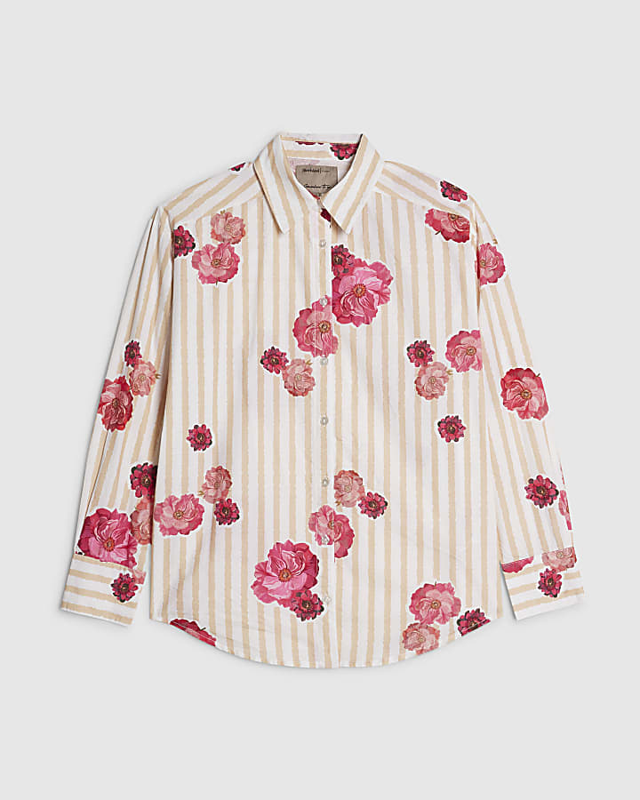 Beige Cotton Floral Striped Long Sleeve Shirt