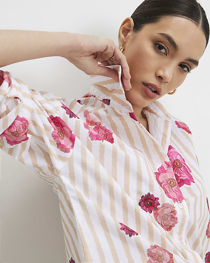 Beige Cotton Floral Striped Long Sleeve Shirt
