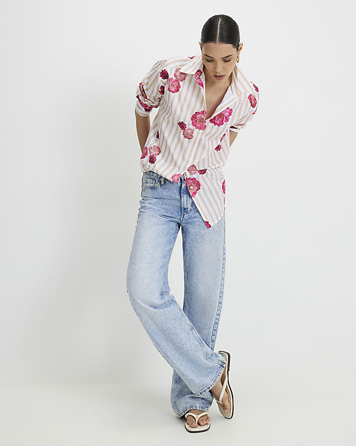 Beige Cotton Floral Striped Long Sleeve Shirt