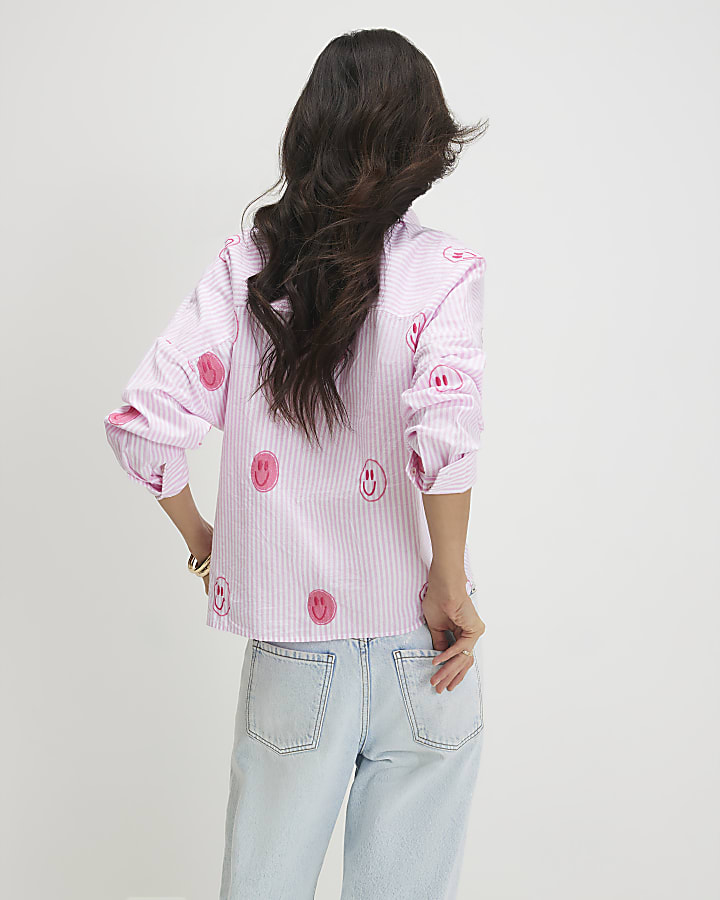 Pink Cotton Stripe Smiley Embroidered Shirt