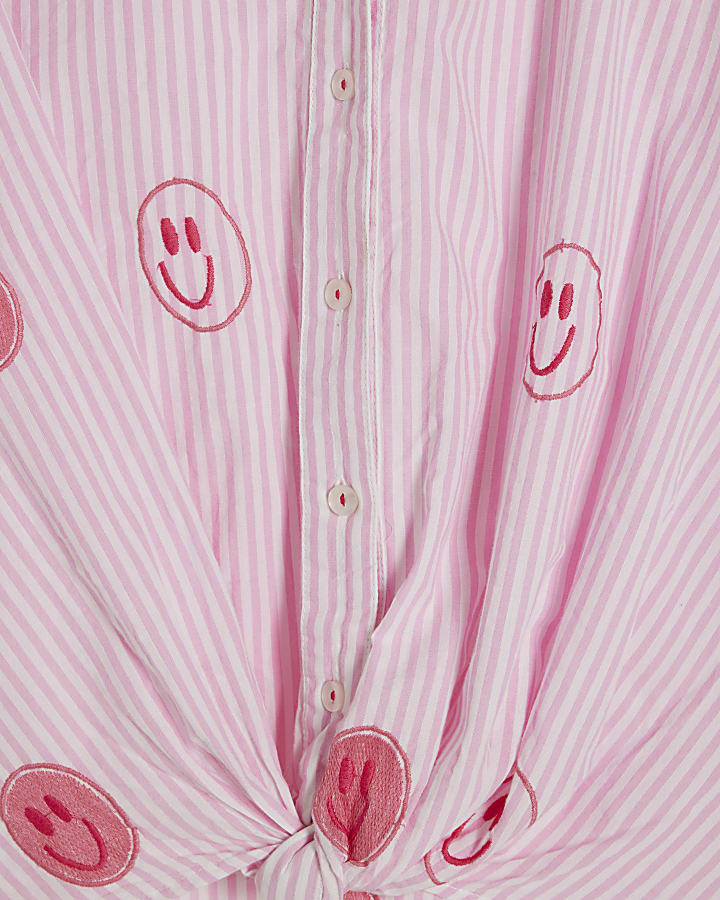 Pink Cotton Stripe Smiley Embroidered Shirt