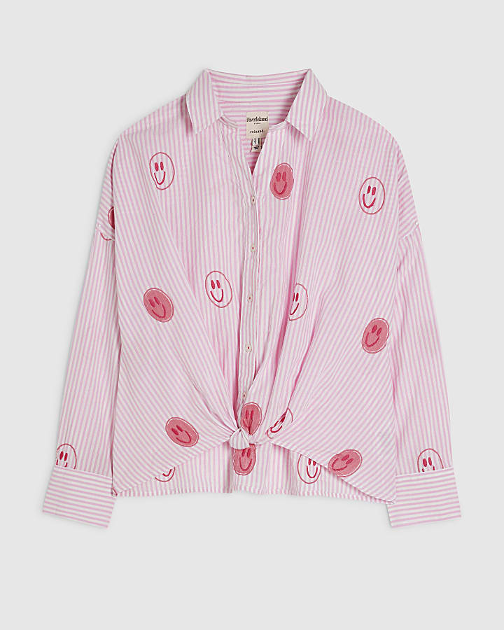Pink Cotton Stripe Smiley Embroidered Shirt