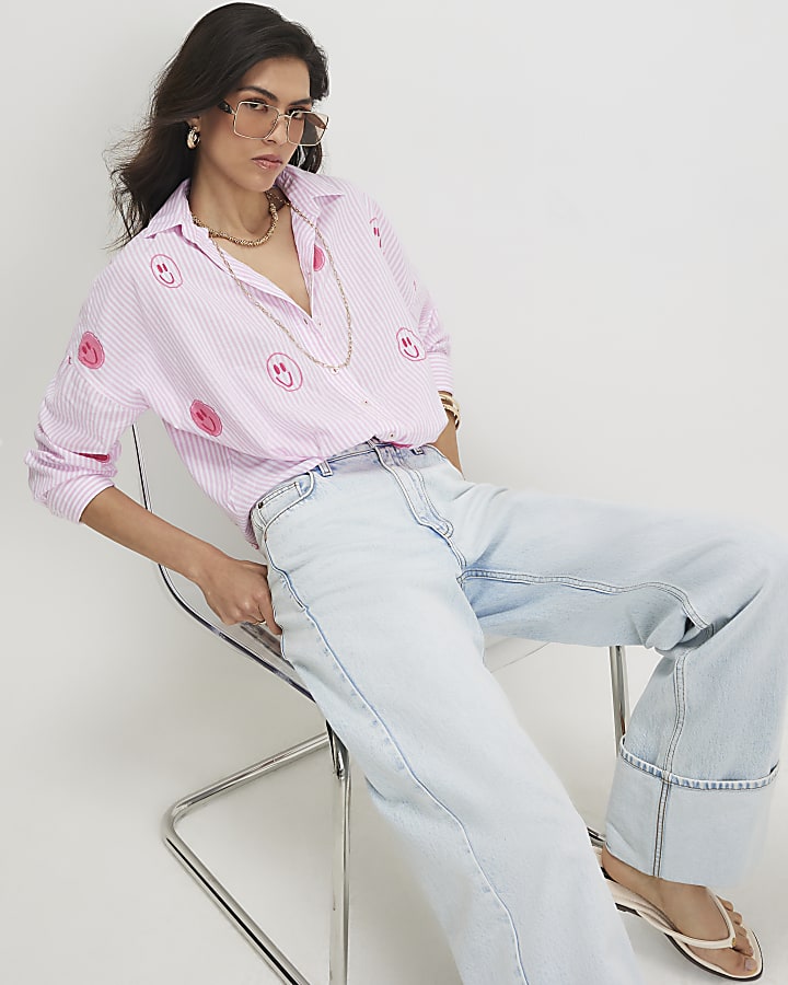 Pink Cotton Stripe Smiley Embroidered Shirt