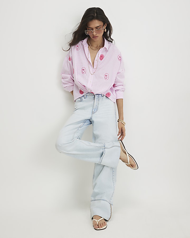 Pink Cotton Stripe Smiley Embroidered Shirt