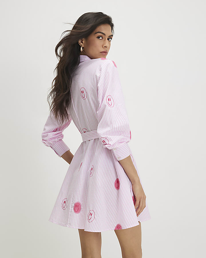 Pink Cotton Smiley Embroidered Shirt Dress