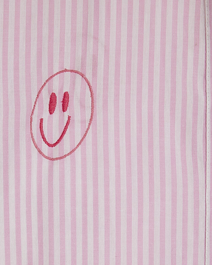 Pink Cotton Smiley Embroidered Shirt Dress