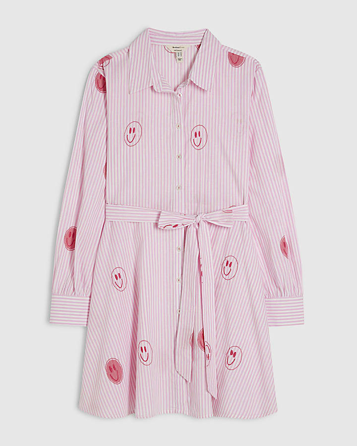 Pink Cotton Smiley Embroidered Shirt Dress
