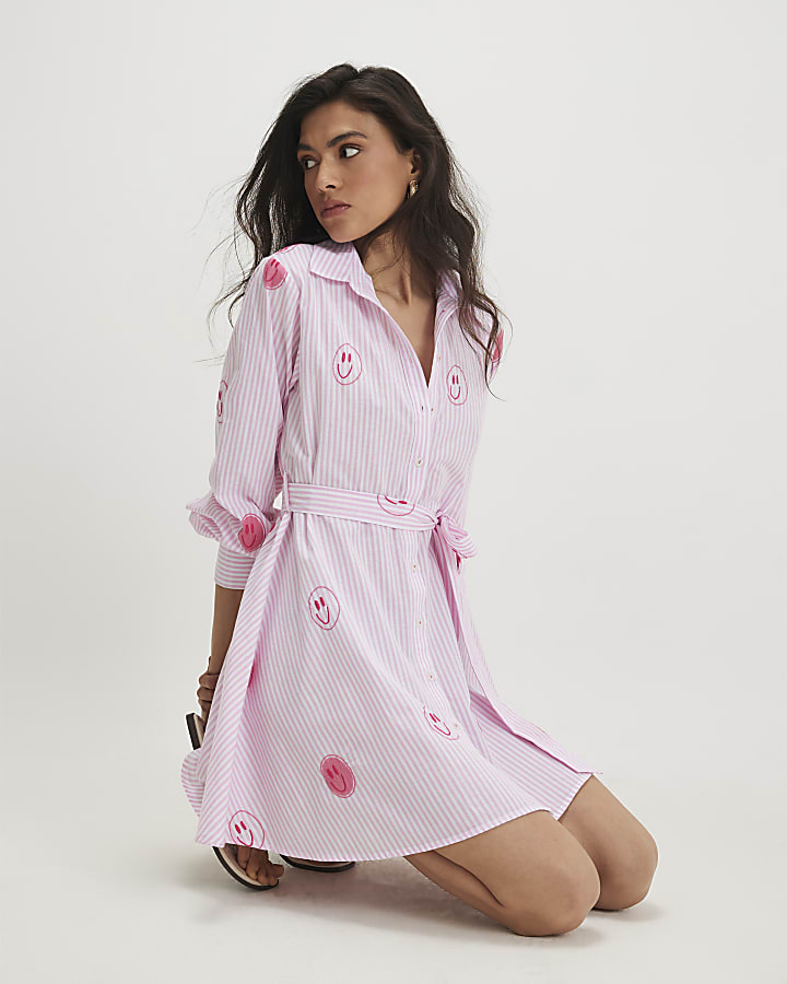 Pink Cotton Smiley Embroidered Shirt Dress