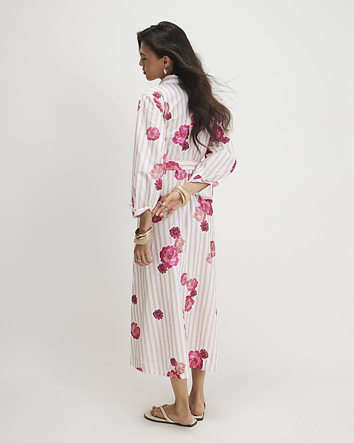 Beige Cotton Floral Stripe Shirt Dress