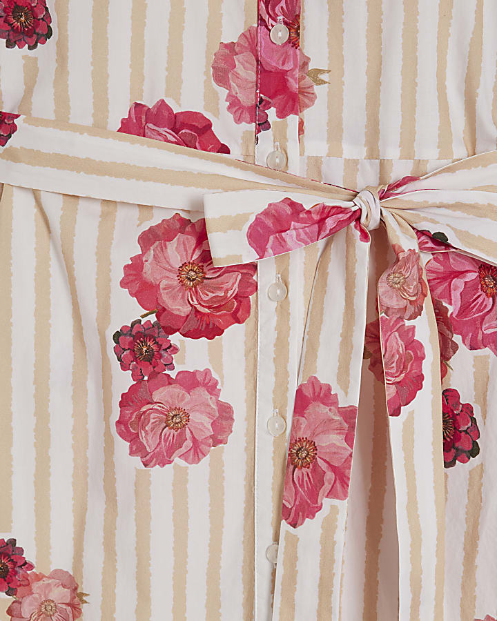 Beige Cotton Floral Stripe Shirt Dress