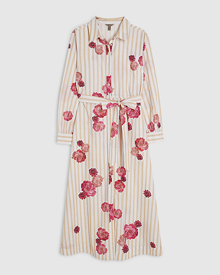 Beige Cotton Floral Stripe Shirt Dress