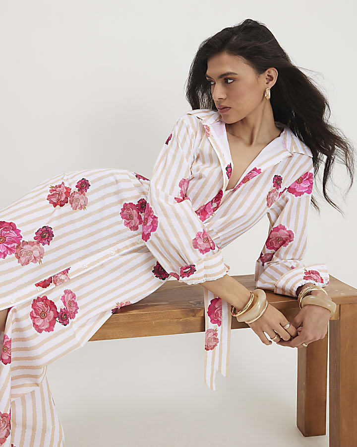 Beige Cotton Floral Stripe Shirt Dress