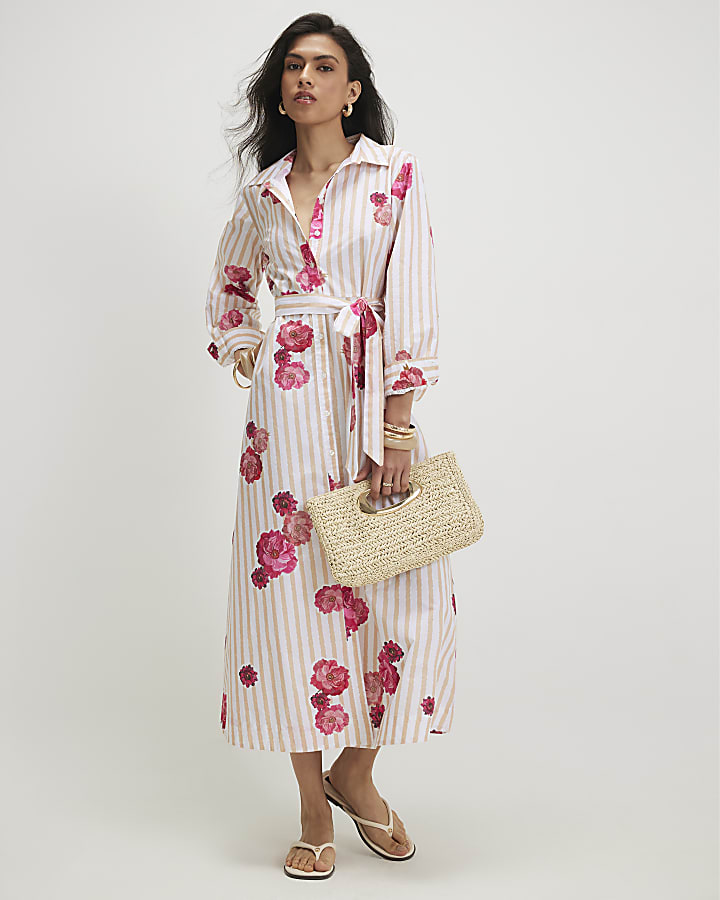 Beige Cotton Floral Stripe Shirt Dress