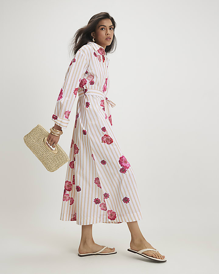 Beige Cotton Floral Stripe Shirt Dress