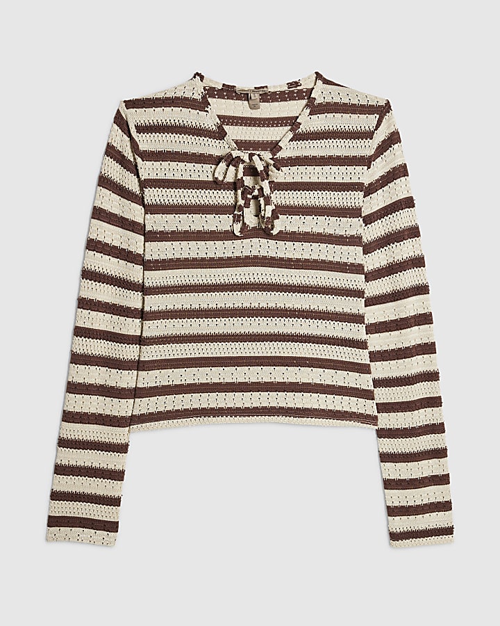 Brown Stripe Textured Tie Top