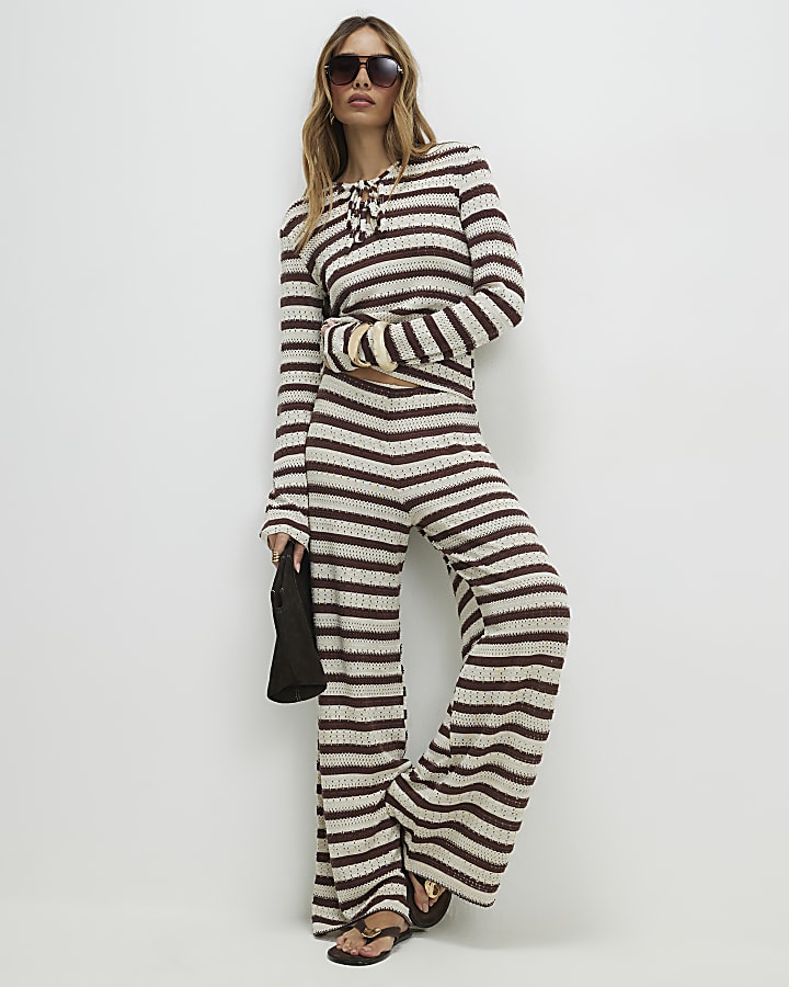 Brown Stripe Textured Tie Top