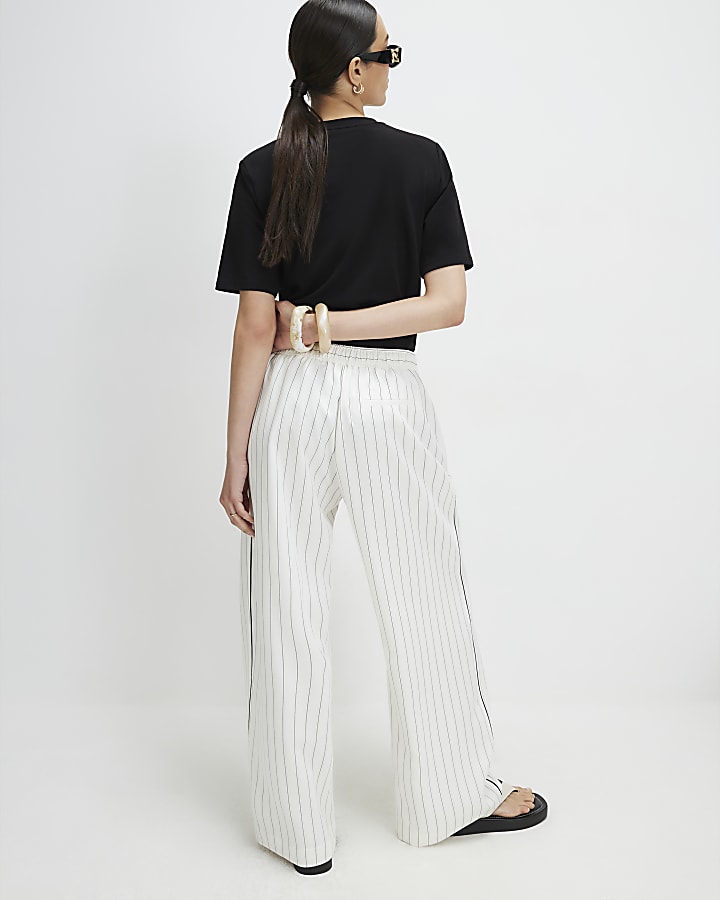 White Pleat Detail Stripe Wide Leg Trousers