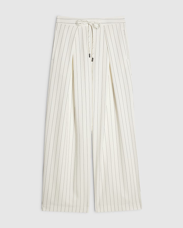 White Pleat Detail Stripe Wide Leg Trousers