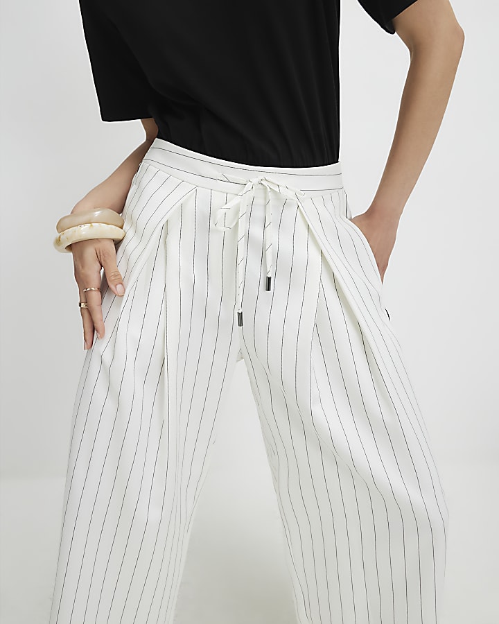 White Pleat Detail Stripe Wide Leg Trousers