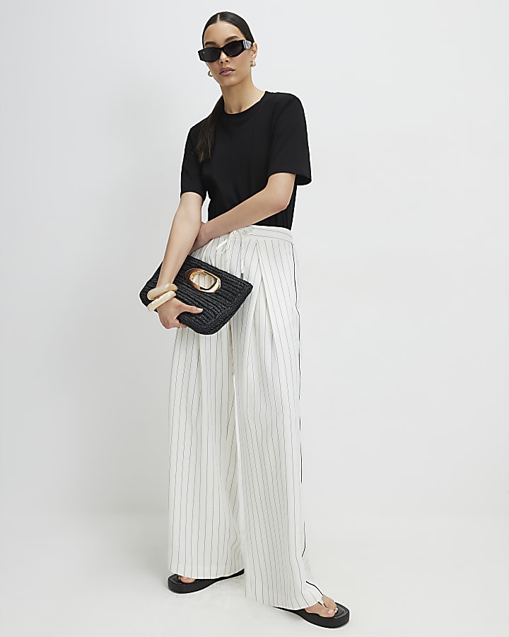 White Pleat Detail Stripe Wide Leg Trousers