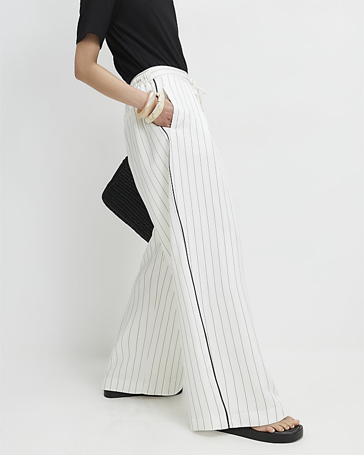 White Pleat Detail Stripe Wide Leg Trousers