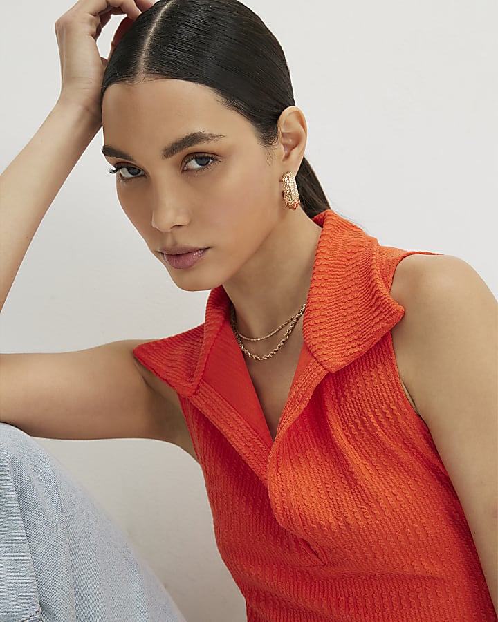 Orange Sleeveless Polo Top