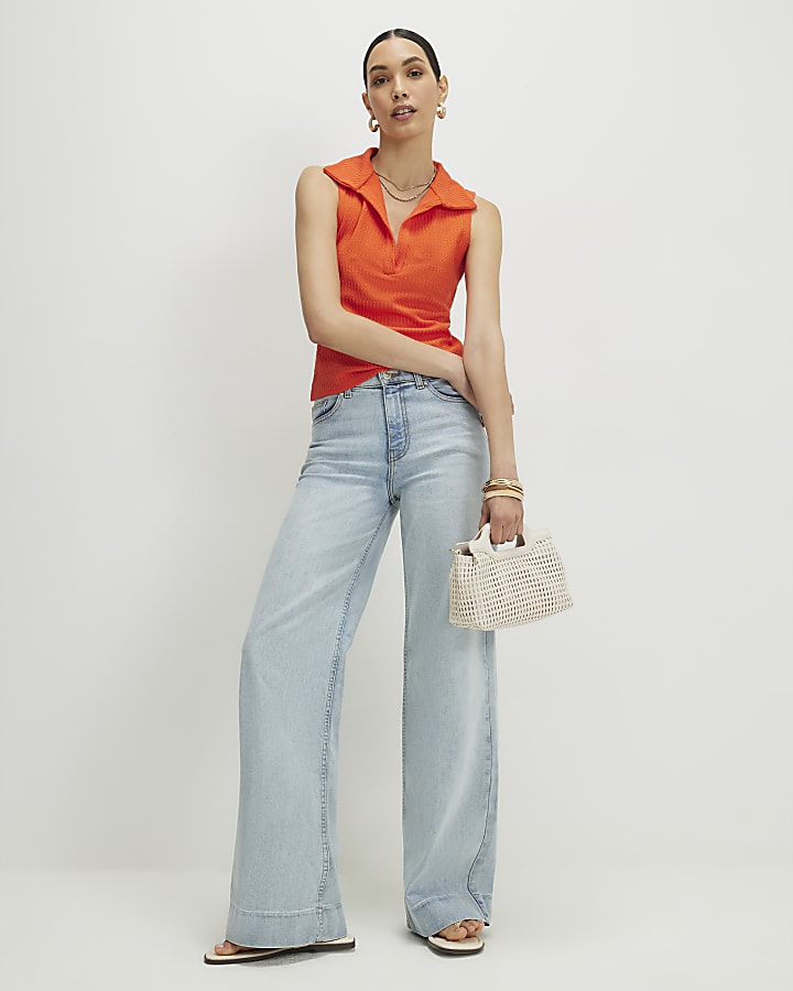 Orange Sleeveless Polo Top