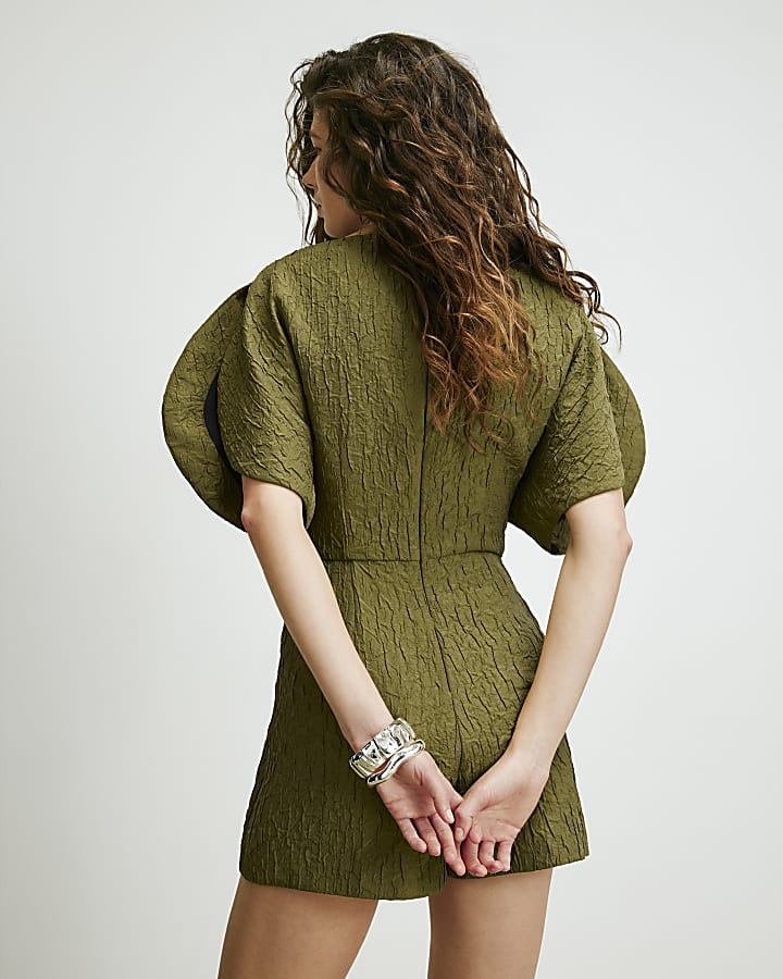 Khaki RI Studio Full Sleeve Textured Playsuit