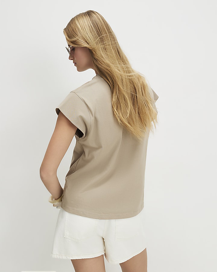 Beige Cotton Ribbed Sleeve T-Shirt