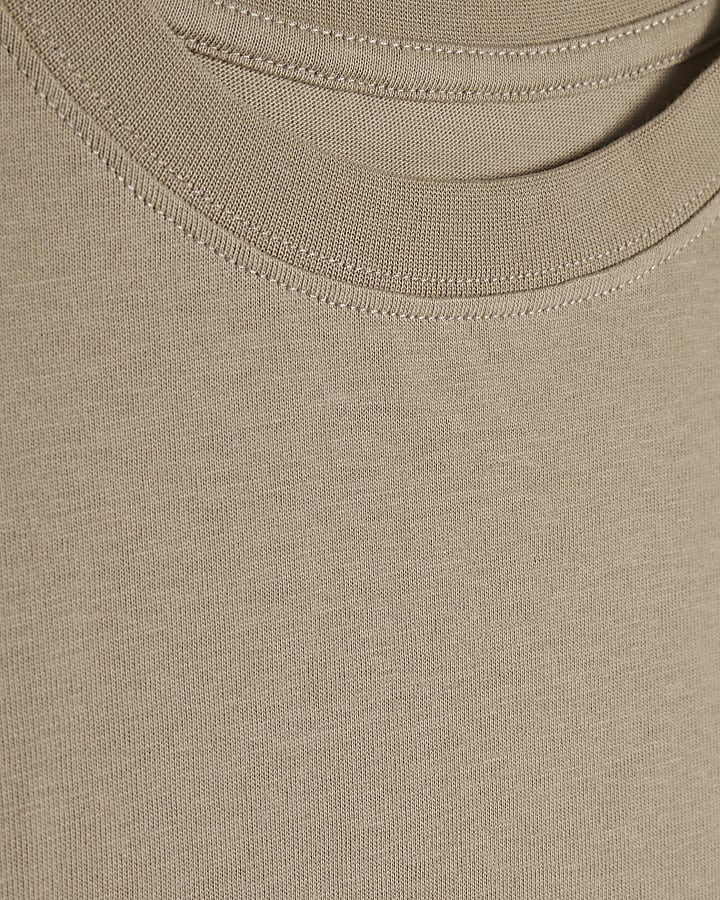 Beige Cotton Ribbed Sleeve T-Shirt