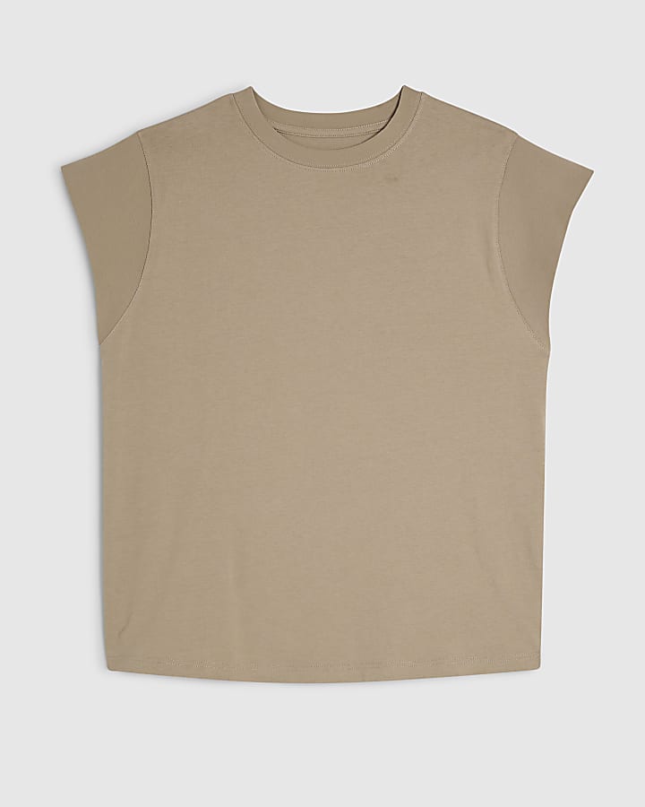 Beige Cotton Ribbed Sleeve T-Shirt