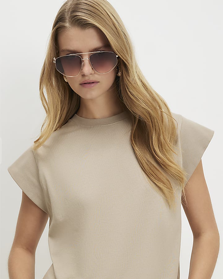 Beige Cotton Ribbed Sleeve T-Shirt