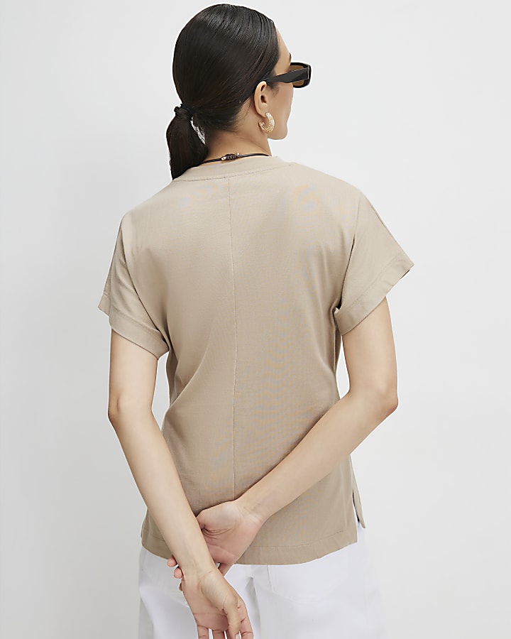Beige Cotton Split Hem Short Sleeve T-shirt