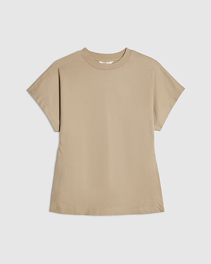 Beige Cotton Split Hem Short Sleeve T-shirt