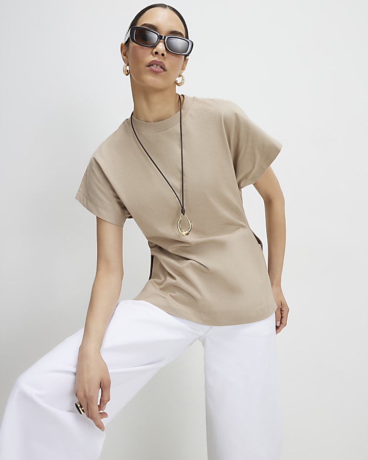 Beige Cotton Split Hem Short Sleeve T-shirt