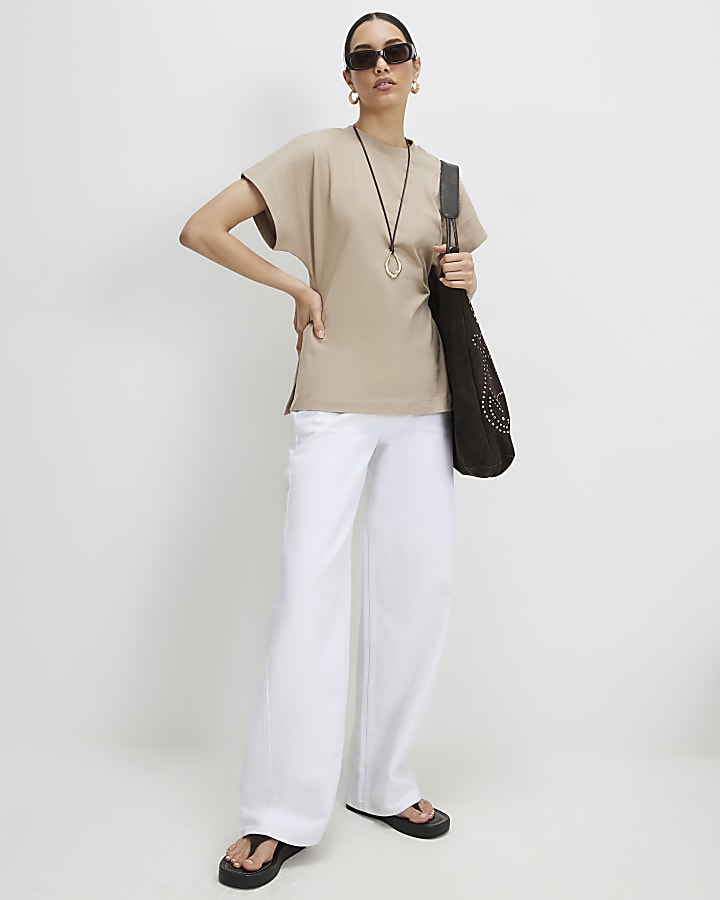 Beige Cotton Split Hem Short Sleeve T-shirt