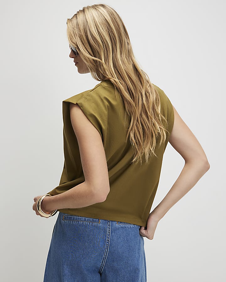 Khaki Cotton Pleat Detail T-Shirt