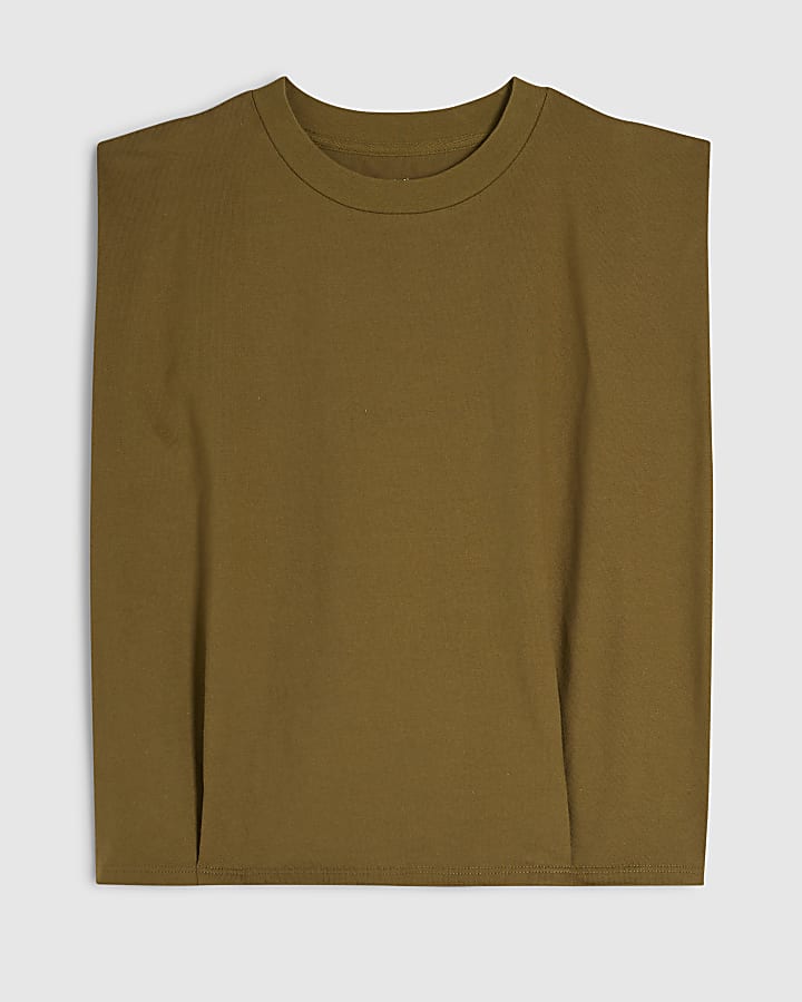 Khaki Cotton Pleat Detail T-Shirt